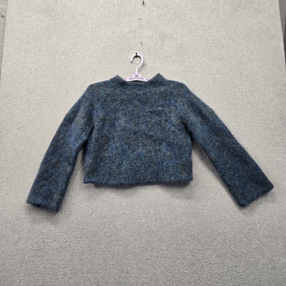 Uniqlo Women Sweater M Blue Polyester Wool Fuzzy Alpaca Cropped Pullover